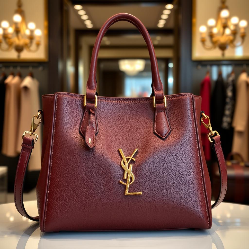 A luxurious and elegant designer handbag, crafted with high-quality leather in a rich mahogany color