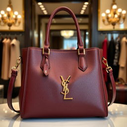 A luxurious and elegant designer handbag, crafted with high-quality leather in a rich mahogany color