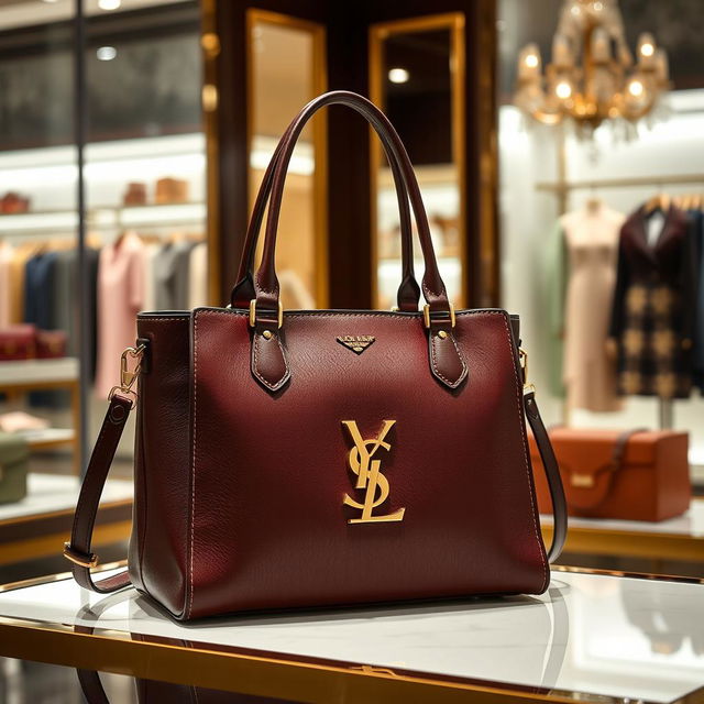 A luxurious and elegant designer handbag, crafted with high-quality leather in a rich mahogany color