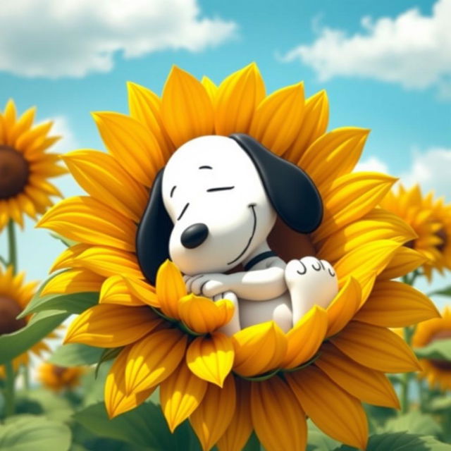 Snoopy, the beloved cartoon character, curled up comfortably inside a vibrant, oversized sunflower