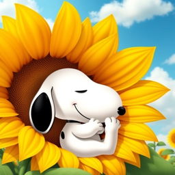 Snoopy, the beloved cartoon character, curled up comfortably inside a vibrant, oversized sunflower