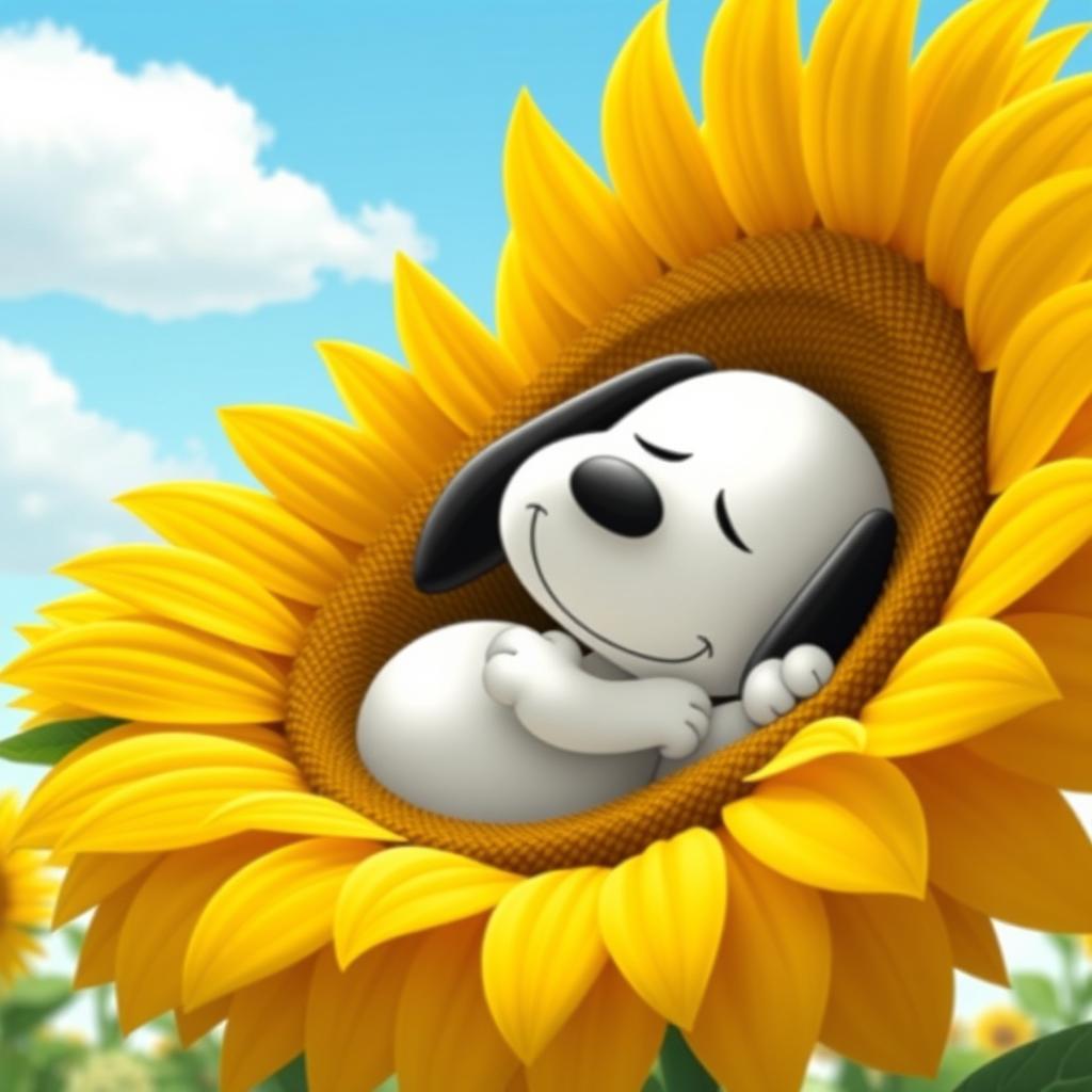 Snoopy, the beloved cartoon character, curled up comfortably inside a vibrant, oversized sunflower