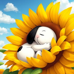 Snoopy, the beloved cartoon character, curled up comfortably inside a vibrant, oversized sunflower