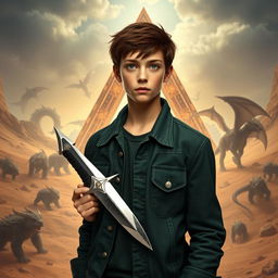 A handsome young French hero, a teenager with dark brown hair and green eyes, wearing a dark green denim jacket