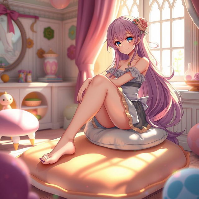 A fantasy anime girl with beautiful, delicately designed feet, sitting elegantly on a soft, colorful cushion in a whimsical, bright room filled with magical elements