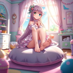 A fantasy anime girl with beautiful, delicately designed feet, sitting elegantly on a soft, colorful cushion in a whimsical, bright room filled with magical elements