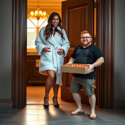 An Indian Latina woman wearing a fluffy bathrobe and stylish black stiletto pointy high heels stands at an open door, revealing a cozy, warmly lit interior behind her
