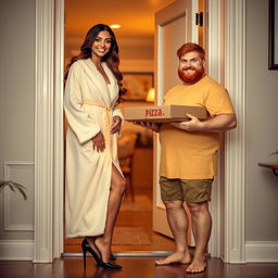 An Indian Latina woman wearing a fluffy bathrobe and stylish black stiletto pointy high heels stands at an open door, revealing a cozy, warmly lit interior behind her