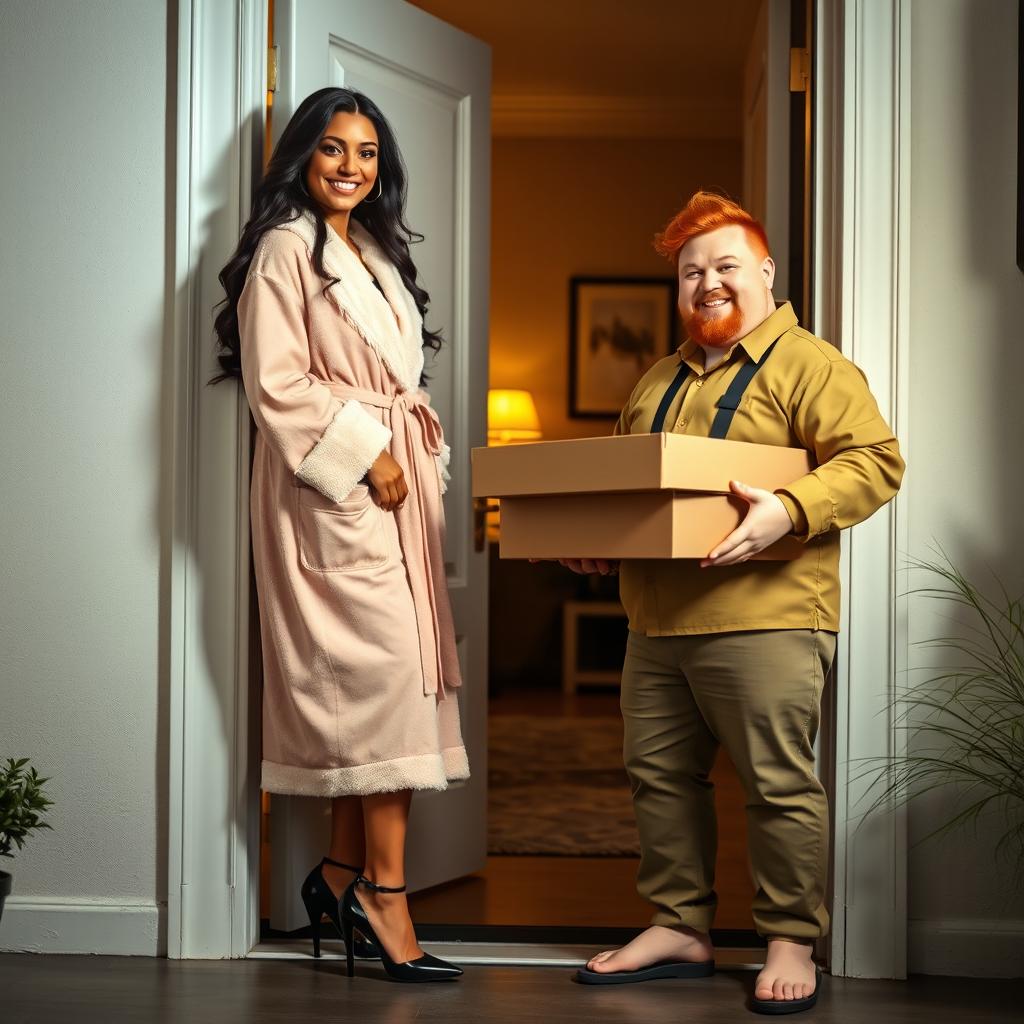 An Indian Latina woman wearing a fluffy bathrobe and stylish black stiletto pointy high heels stands at an open door, revealing a cozy, warmly lit interior behind her
