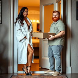 An Indian Latina woman wearing a fluffy bathrobe and stylish black stiletto pointy high heels stands at an open door, revealing a cozy, warmly lit interior behind her