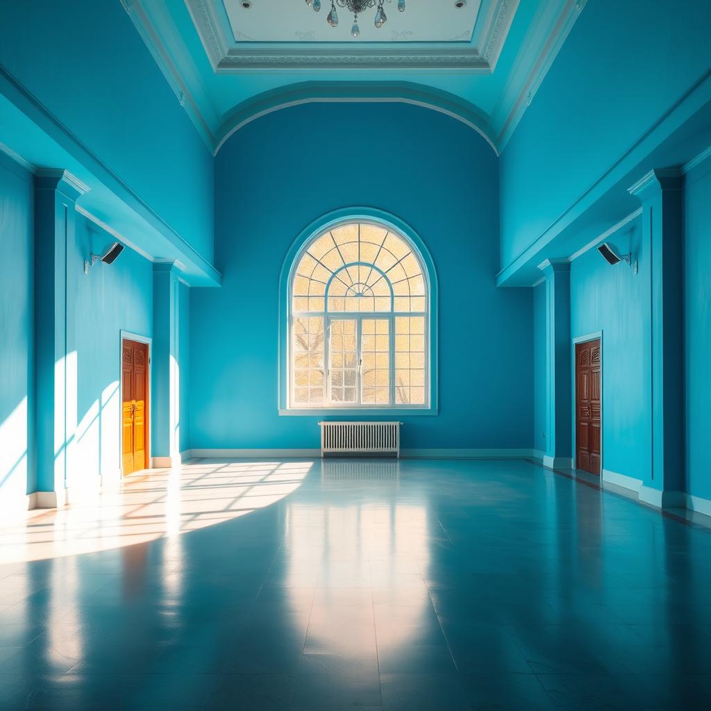 An empty hall with vibrant blue walls, showcasing a sense of spaciousness and tranquility