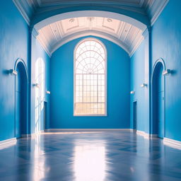 An empty hall with vibrant blue walls, showcasing a sense of spaciousness and tranquility