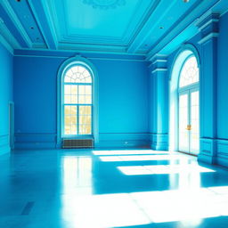 An empty hall with vibrant blue walls, showcasing a sense of spaciousness and tranquility