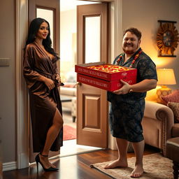 A stunning Indian petite Latina woman in a luxurious bathrobe that slightly reveals her figure, elegantly wearing black stiletto pointy high heels, stands at the door
