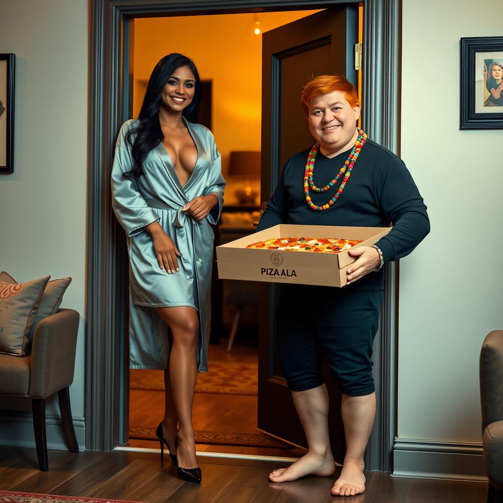 A stunning Indian petite Latina woman in a luxurious bathrobe that slightly reveals her figure, elegantly wearing black stiletto pointy high heels, stands at the door