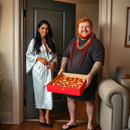 A stunning Indian petite Latina woman in a luxurious bathrobe that slightly reveals her figure, elegantly wearing black stiletto pointy high heels, stands at the door