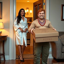 A stunning Indian petite Latina woman in a luxurious bathrobe that slightly reveals her figure, elegantly wearing black stiletto pointy high heels, stands at the door