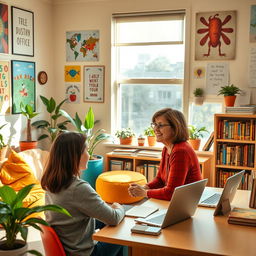 A school counselor's office, beautifully decorated with inspirational posters and colorful artwork hanging on the walls