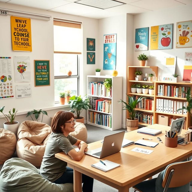 A school counselor's office, beautifully decorated with inspirational posters and colorful artwork hanging on the walls