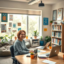 A school counselor's office, beautifully decorated with inspirational posters and colorful artwork hanging on the walls