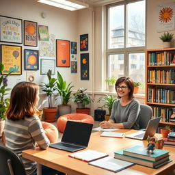 A school counselor's office, beautifully decorated with inspirational posters and colorful artwork hanging on the walls