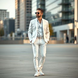 A fashionable man in a stylish white outfit, standing confidently in an urban environment