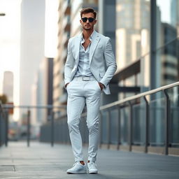 A fashionable man in a stylish white outfit, standing confidently in an urban environment