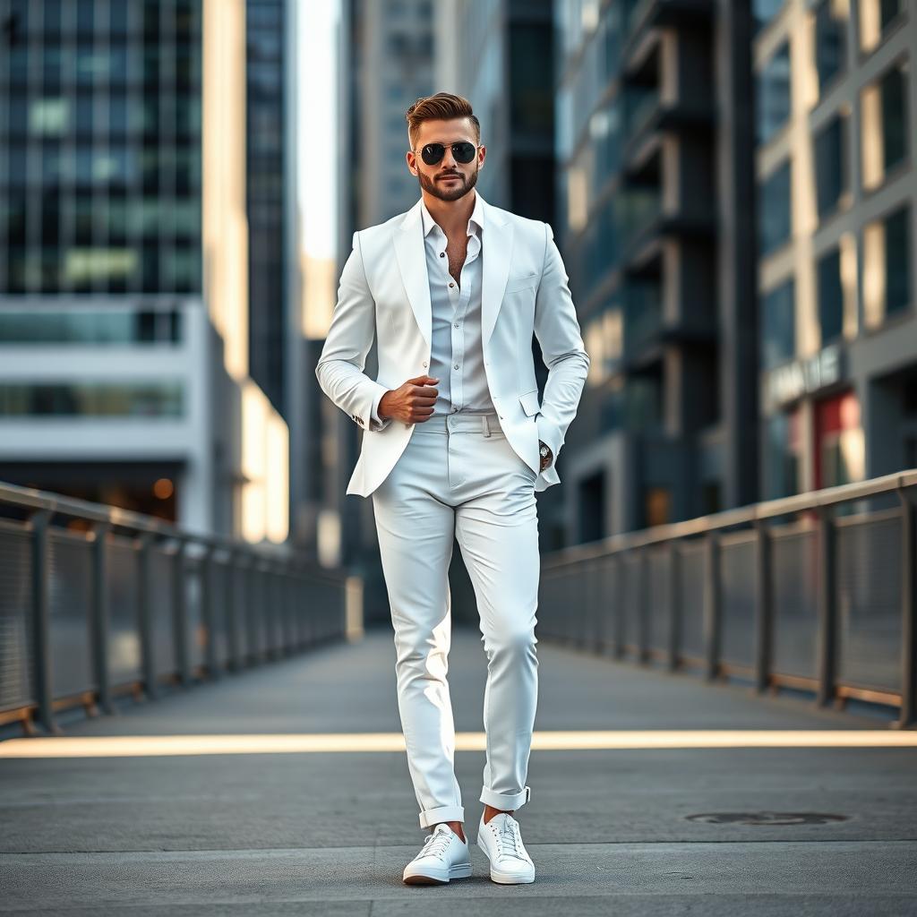 A fashionable man in a stylish white outfit, standing confidently in an urban environment