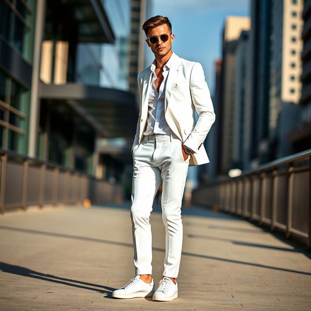 A fashionable man in a stylish white outfit, standing confidently in an urban environment