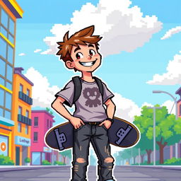 A vibrant pixel art scene featuring a teenage boy in casual clothing, smiling and standing in an urban setting