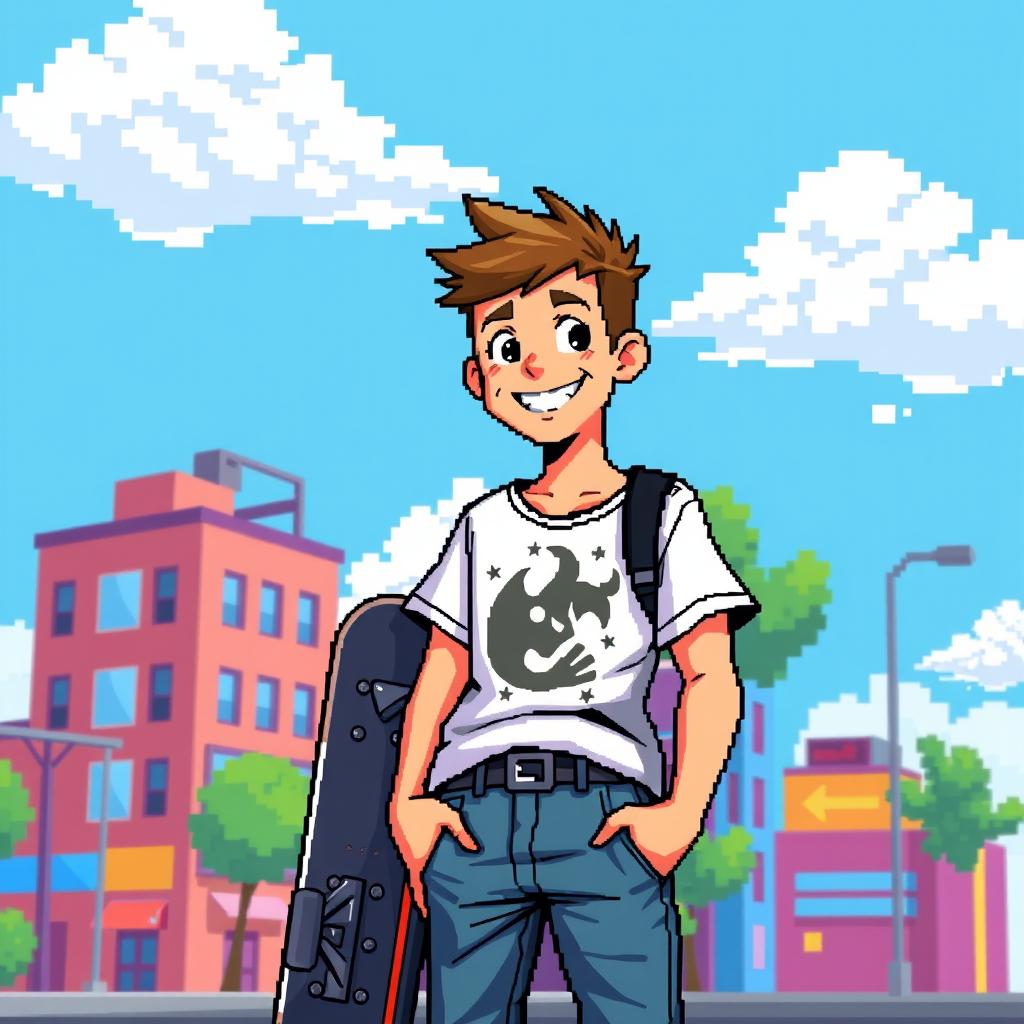 A vibrant pixel art scene featuring a teenage boy in casual clothing, smiling and standing in an urban setting