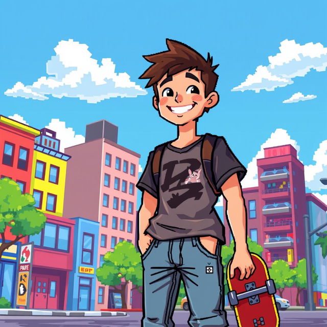 A vibrant pixel art scene featuring a teenage boy in casual clothing, smiling and standing in an urban setting