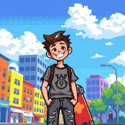 A vibrant pixel art scene featuring a teenage boy in casual clothing, smiling and standing in an urban setting