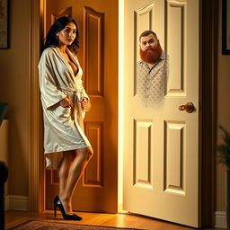 An enticing scene featuring a petite Latina woman in a luxurious bathrobe that subtly reveals her curves, emphasizing her figure