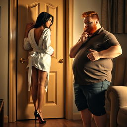 An enticing scene featuring a petite Latina woman in a luxurious bathrobe that subtly reveals her curves, emphasizing her figure