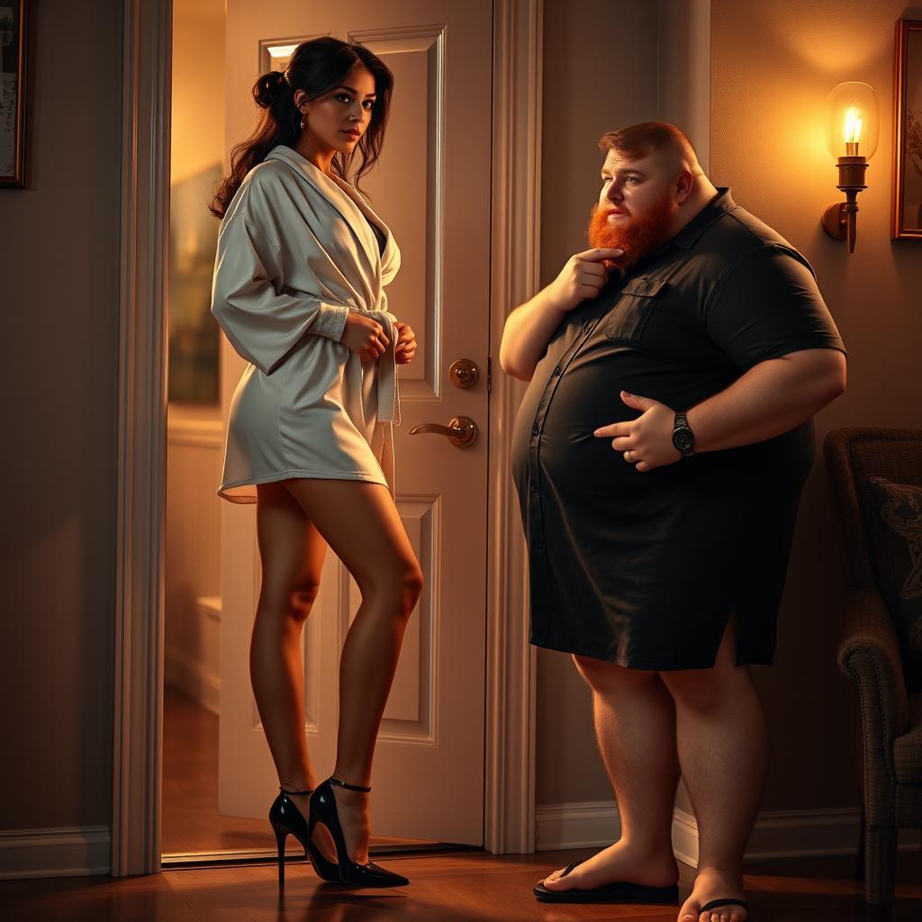 An enticing scene featuring a petite Latina woman in a luxurious bathrobe that subtly reveals her curves, emphasizing her figure