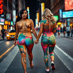 On a busy city street, in the distance, two beautiful girls with wide thick round hips, fat thick round thighs, and thick shapely legs are walking toward the viewer