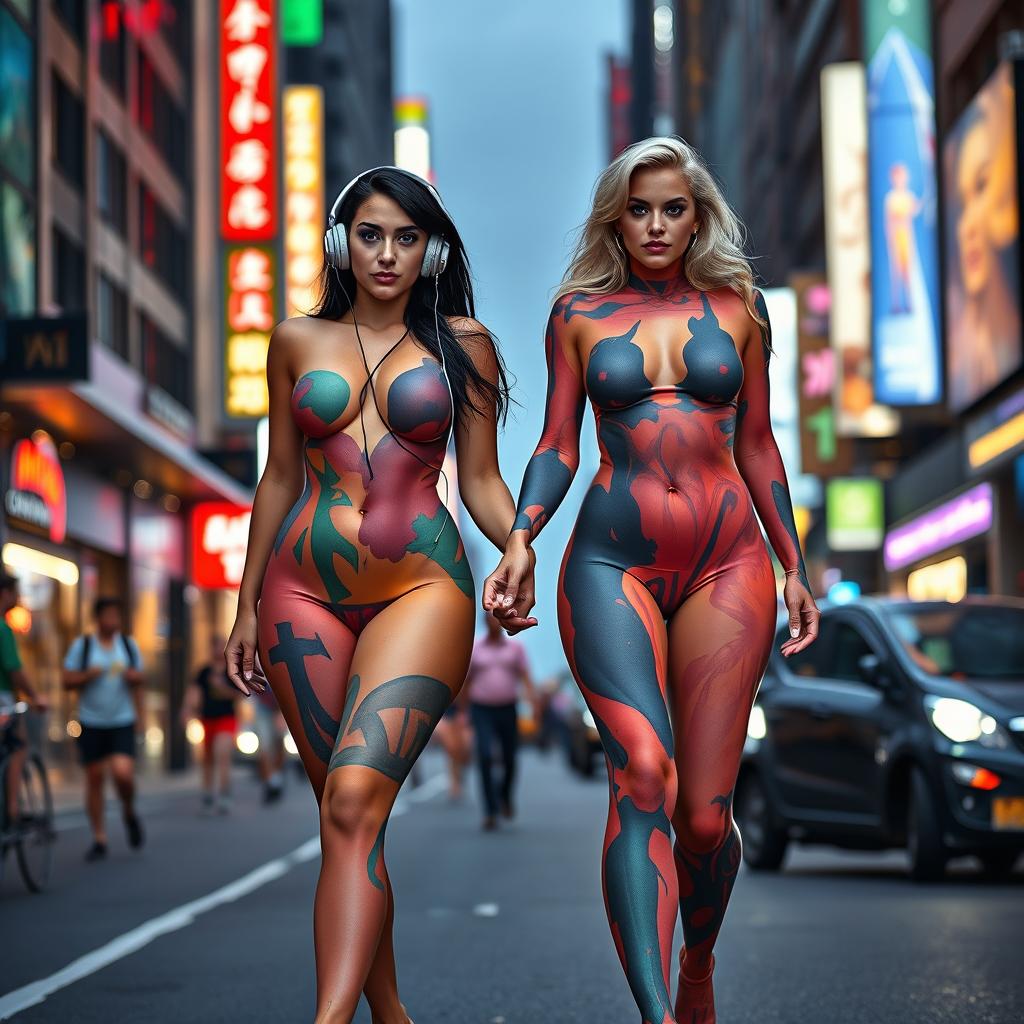 On a busy city street, in the distance, two beautiful girls with wide thick round hips, fat thick round thighs, and thick shapely legs are walking toward the viewer