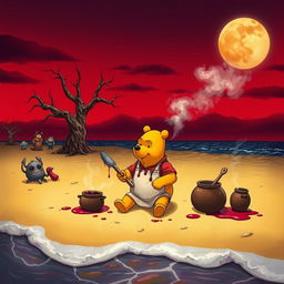 A whimsical yet eerie scene of Winnie the Pooh, reimagined in a dark and twisted style as seen in 'Winnie the Pooh: Blood and Honey