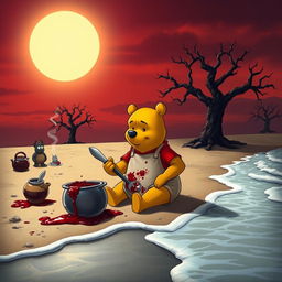 A whimsical yet eerie scene of Winnie the Pooh, reimagined in a dark and twisted style as seen in 'Winnie the Pooh: Blood and Honey