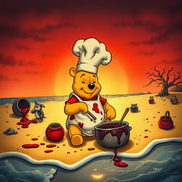 A whimsical yet eerie scene of Winnie the Pooh, reimagined in a dark and twisted style as seen in 'Winnie the Pooh: Blood and Honey