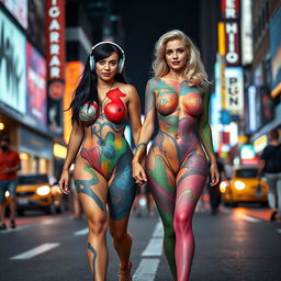 On a busy city street, in the distance, two beautiful girls with wide thick round hips, fat thick round thighs, and thick shapely legs are walking toward the viewer