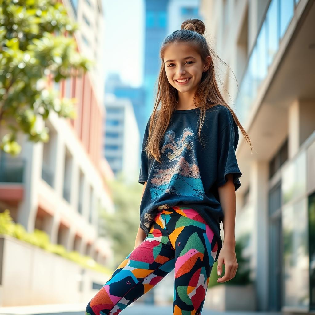 A stylish teenage girl wearing trendy leggings, showcasing a vibrant and colorful abstract pattern, paired with a comfortable oversized graphic t-shirt