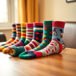 A collection of colorful and fun socks arranged neatly on a wooden table