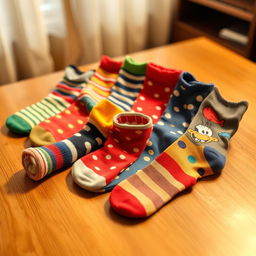 A collection of colorful and fun socks arranged neatly on a wooden table