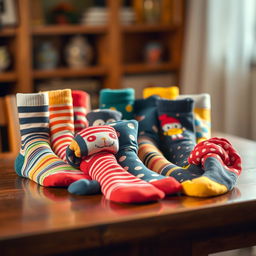 A collection of colorful and fun socks arranged neatly on a wooden table