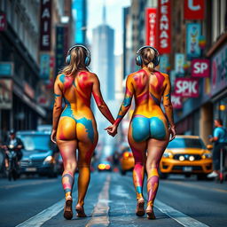 On a busy city street, in the distance, two beautiful girls with wide thick round hips, fat thick round thighs, and thick shapely legs are walking away from the viewer