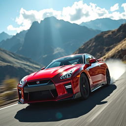 A high-speed Nissan GT-R racing on a winding mountain road, showcasing its sleek and aerodynamic design