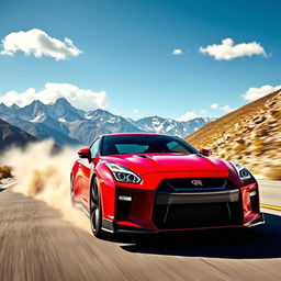 A high-speed Nissan GT-R racing on a winding mountain road, showcasing its sleek and aerodynamic design