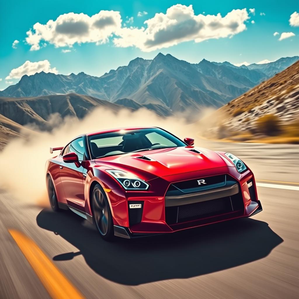 A high-speed Nissan GT-R racing on a winding mountain road, showcasing its sleek and aerodynamic design